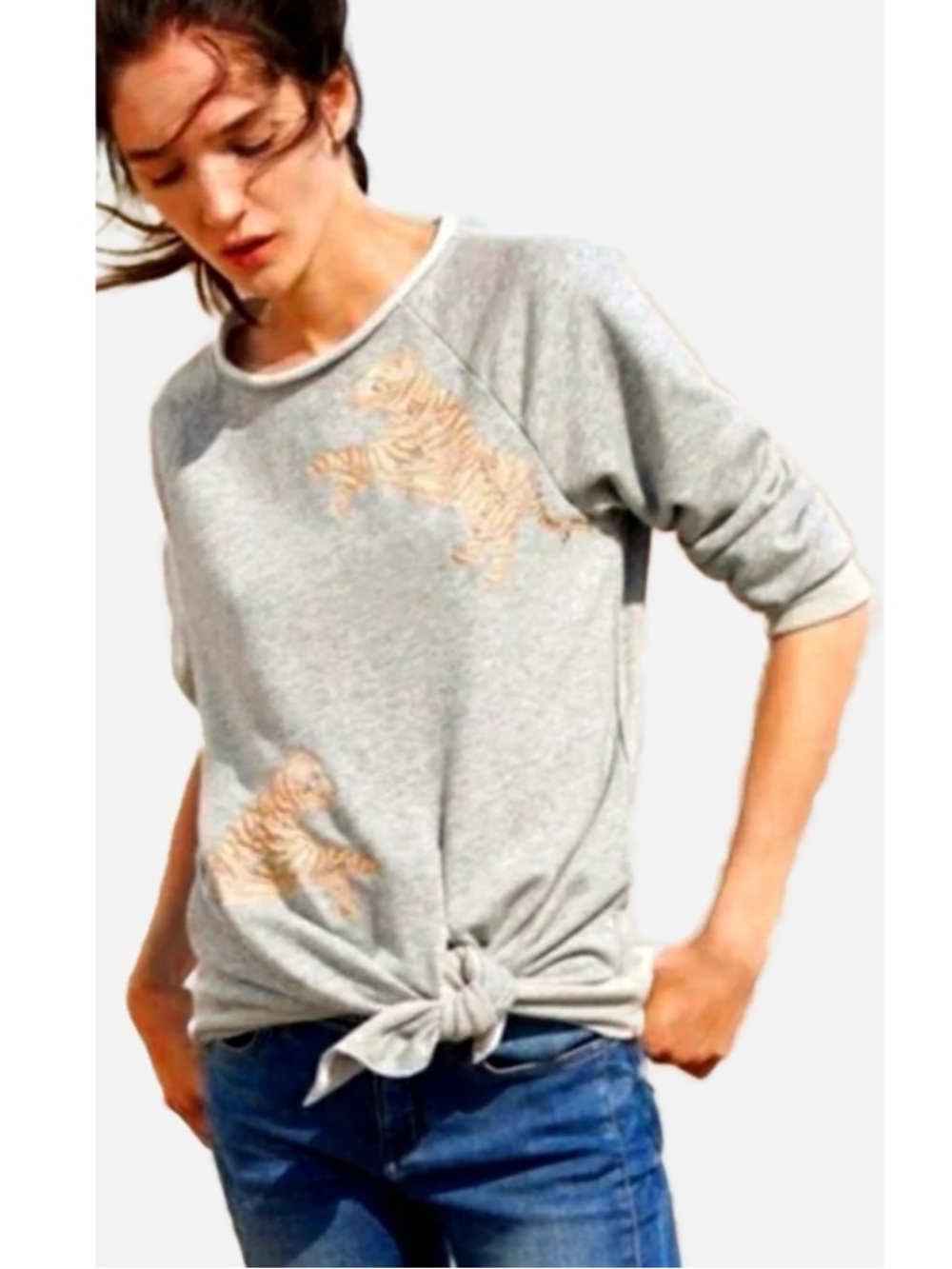 Anthropologie Akemi + Kin Tiger Sweatshirt Medium Embroidered Beaded Tie Front
